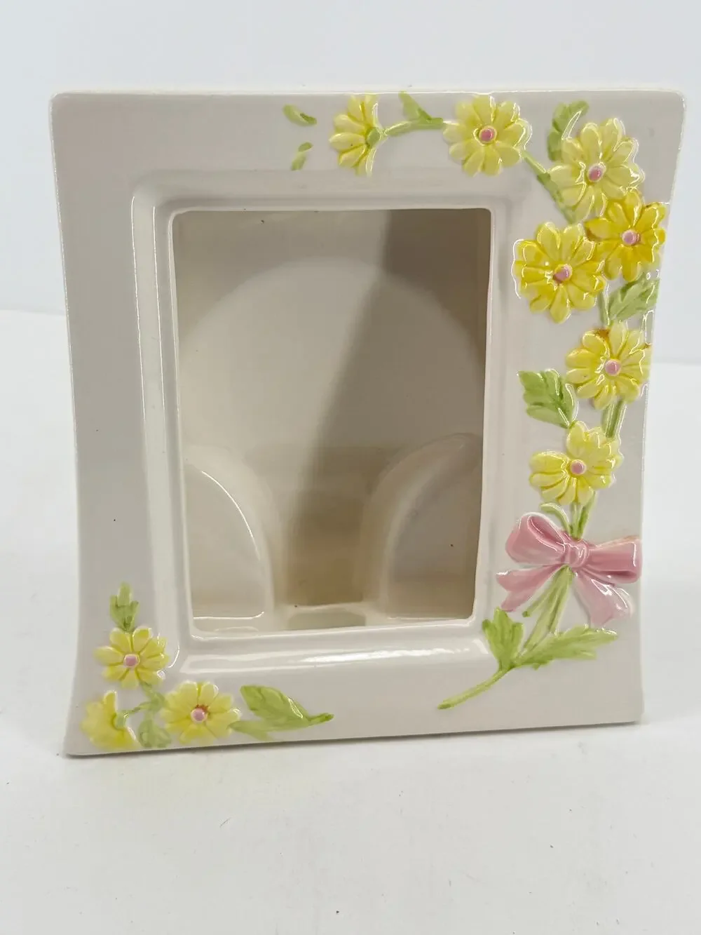 Ceramic Floral Picture Frame Yellow Daisy Pink Bow Cottagecore Holds 3x5 Photo